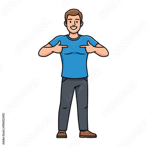 Man pointing to himself with a cheerful expression on a plain background