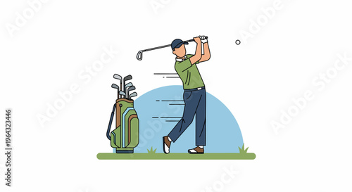 Man swinging golf club with bag.
