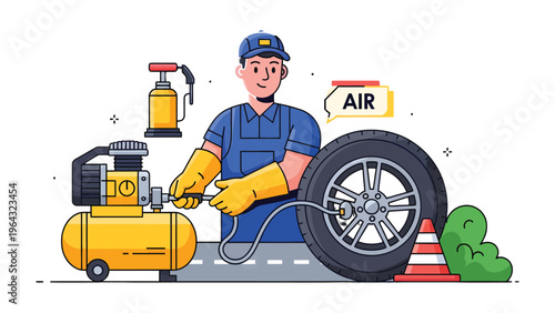 Tire Service Specialist at Work: An illustration depicting a skilled tire service specialist expertly servicing a tire, using an air compressor, conveying precision and expertise. 