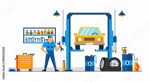 Mechanic working on a car lift.