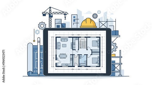 Architectural House Floor Plan on Digital Tablet with Construction Crane and Engineering Icons. Modern Blueprint Design and Urban Planning Concept Illustration.