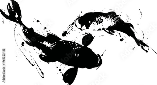black and white koi fish ink splash art traditional japanese illustration with water brush strokes