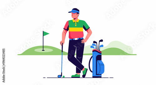 Man in golf outfit with clubs.