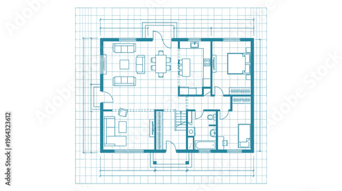 Modern House Architectural Floor Plan Blueprint on Grid Background