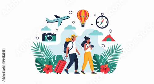 Couple on vacation traveling together abroad.