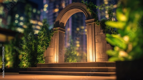 An elegantly lit stone archway surrounded by lush greenery against a city backdrop at night