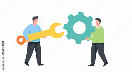 Two Men Holding Large Tools Together.