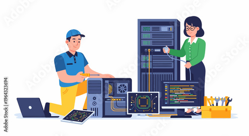 Man and woman working on computers.