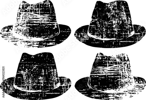 Vintage fedora hats grunge texture set, old fashion menswear accessories collection illustrations