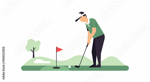 Man playing golf on green course.
