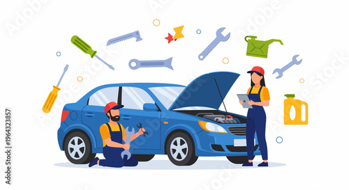 Mechanic and woman with car tools.