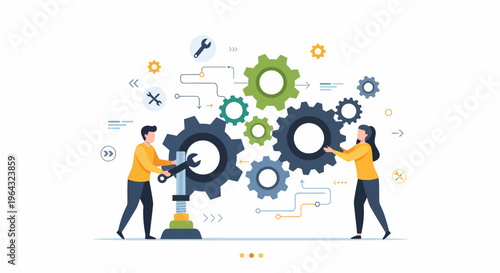 Two people working with large gears.