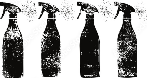 grunge spray bottle silhouettes with textured distressed effect, cleaning product container shapes set