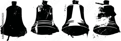 four antique bells silhouette, vintage metal handbells in varying shapes and sizes