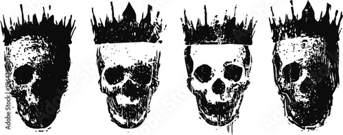 Grunge skulls with worn crowns arrayed in black silhouette for gothic dark design