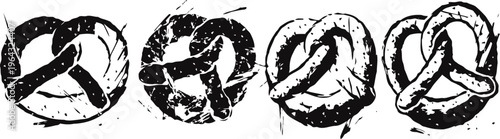 Four vintage pretzels in black and white with textured shading and distinct knot shapes, rustic bakery illustration