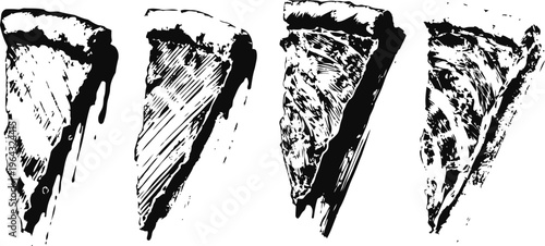 Four rustic hand drawn pizza slices in black and white sketch style, italian fast food illustration