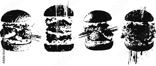 Black and white hand drawn burger sketches, various gourmet stacked sandwiches with buns and ingredients