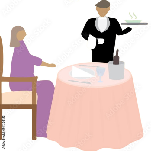 A professional waitress serving a tray to a corporate business team of people in suits symbolising successful teamwork and communication in a modern office cartoon illustration vector