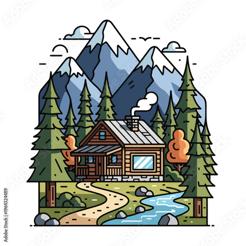 Cozy mountain cabin with smoke chimney surrounded by trees and stream