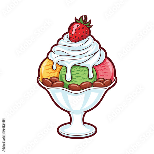 Colorful Ice Cream Sundae with Strawberry and Whipped Cream