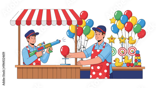 Fairground Game: A scene from a lively fairground, where a cheerful vendor anticipates the success of shooting game. The colorful balloons, targets, and prizes add to the festive atmosphere.