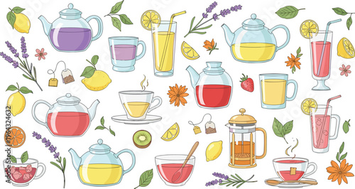 Herbal tea collection with teapots cups lemon lavender berries and natural drinks illustration set