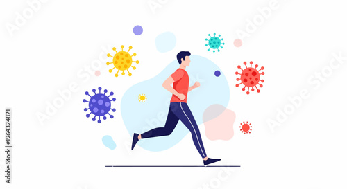 Man Running from Virus Germs Outside.