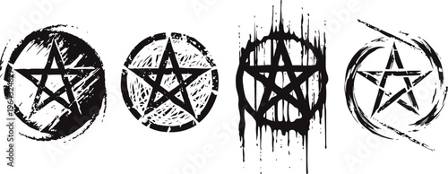Grunge pentagram symbols set with distressed textures and circular frames