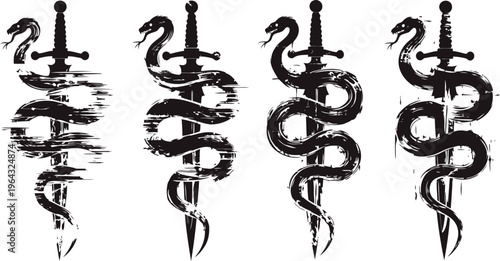Set of grunge medical caduceus symbols with snake entwined on staff in black ink brush
