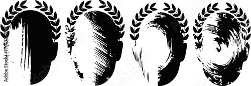 Silhouettes of human heads with laurel wreaths and grunge texture backgrounds