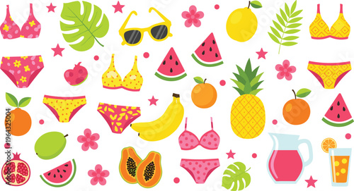 Summer tropical collection with fruits swimwear drinks sunglasses and beach elements colorful vacation illustration set