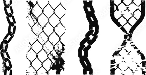 grunge chain and wire fence textures set distressed metal links and mesh patterns in black and white