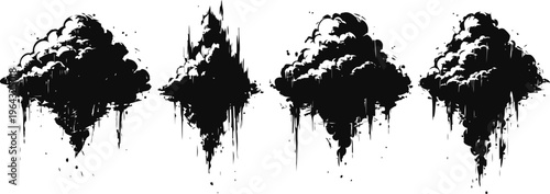 Abstract black ink splatter shapes with dripping paint effect on white background