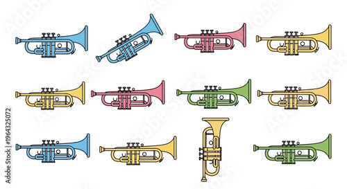 Colorful trumpets in different positions.