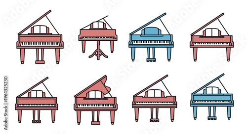 Colorful illustration of grand pianos.
