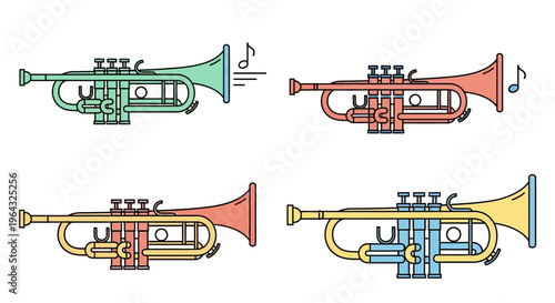 Colorful trumpets in different positions.
