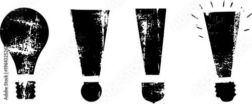 set of grunge light bulb and exclamation mark icons, design elements with vintage distressed effect