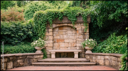 A serene stone archway draped in lush greenery, creating a peaceful garden retreat