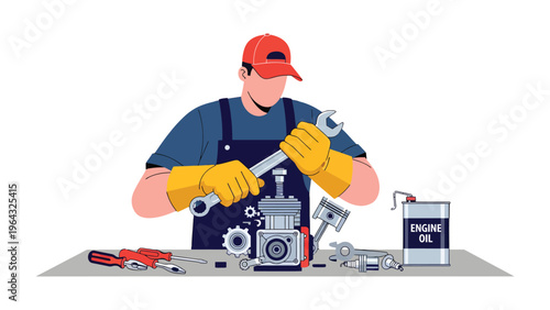 Mechanic at Work: A skilled mechanic meticulously repairs an engine, showcasing precision and expertise. The scene is filled with tools and components, highlighting the technical nature of the work. 