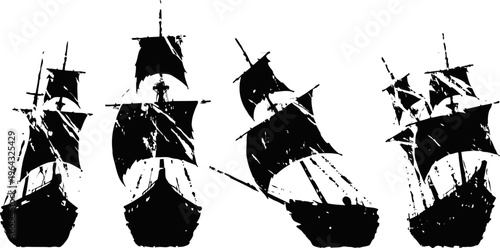 Four sailing ships silhouette with billowing sails on white background maritime and nautical design