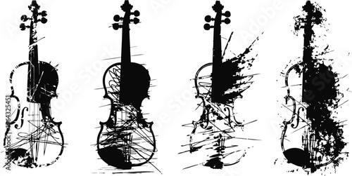 abstract violin silhouettes with artistic ink splatter effects on white background