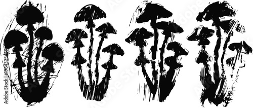 Black ink brush stroke mushrooms in varying shapes and sizes with artistic splatter effects