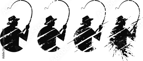 fisherman silhouette gradually dissolving with fishing rod and hat concept