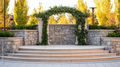 Elegant stone archway surrounded by lush greenery and warm sunlight amidst beautiful trees