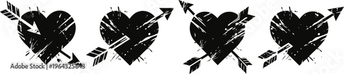 five black hearts pierced by arrows in a row, sketch style, love and valentine's day symbol