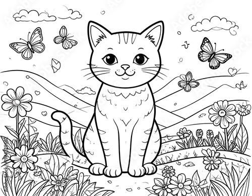 Cute Cat Coloring Page with Butterflies and Flowers.