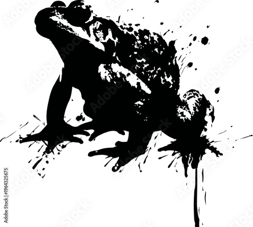 Black ink splash frog silhouette abstract amphibian illustration with ink splatter effect