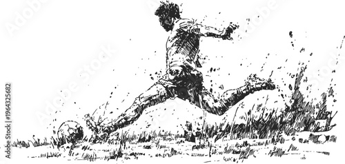 Dynamic black ink illustration of a male soccer player kicking the ball on grassy field