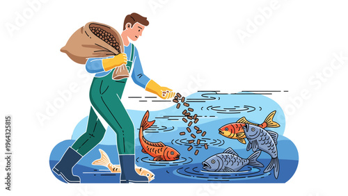 Man Feeding Fish: A person stands on a water's edge, delicately scattering feed to a collection of fish beneath the surface. a scene of harmonious interaction between man and aquatic life.
